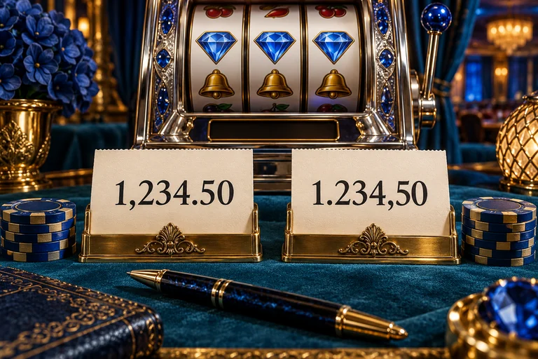 Detailed casino amount displays show 1,234.50 and 1.234,50 with clearly different separator conventions.