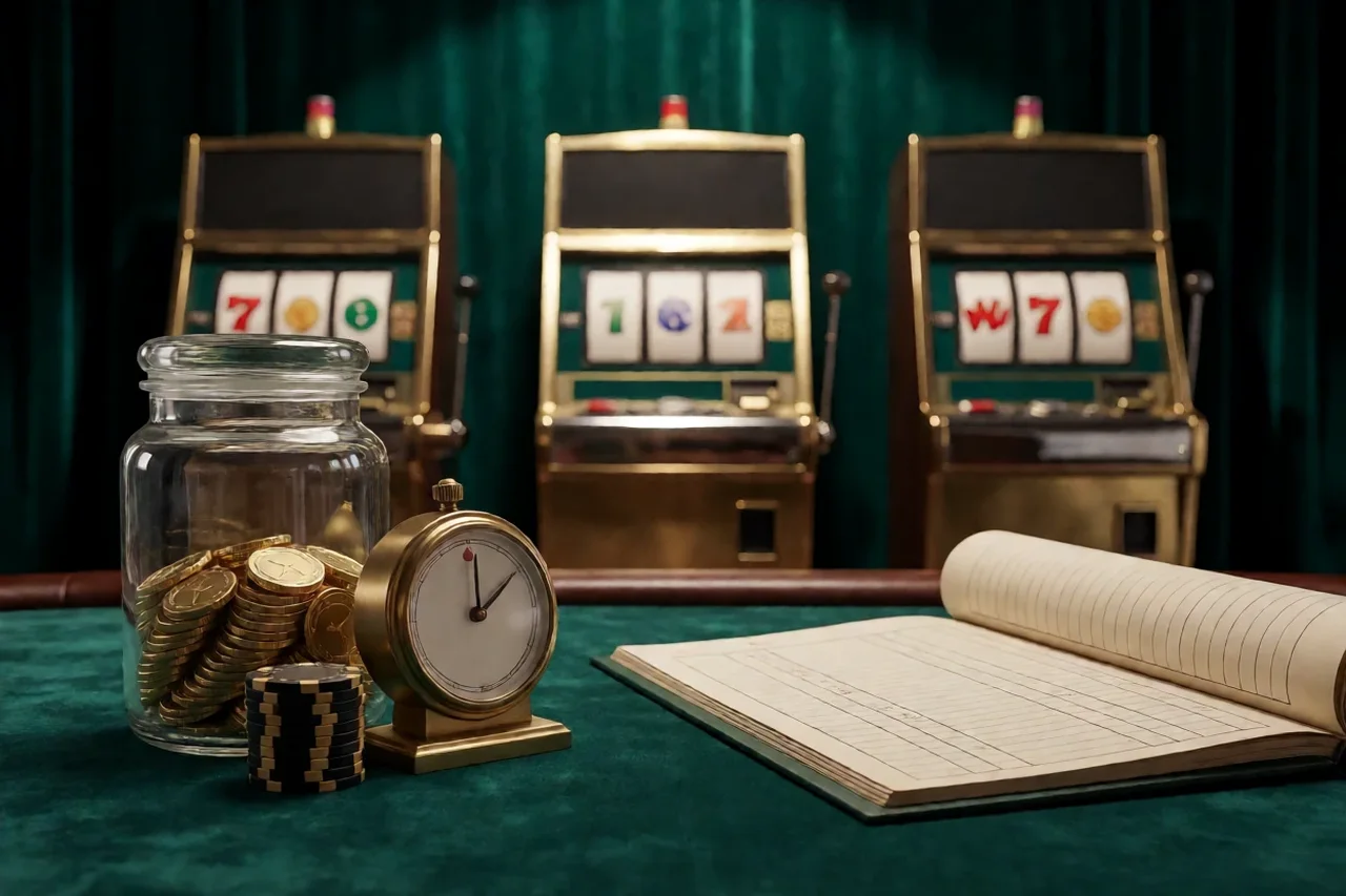 Glass jar of gold tokens beside a brass pendulum timer and a stack of chips, with an open ledger and three blurred slot cabinets behind on a green velvet table