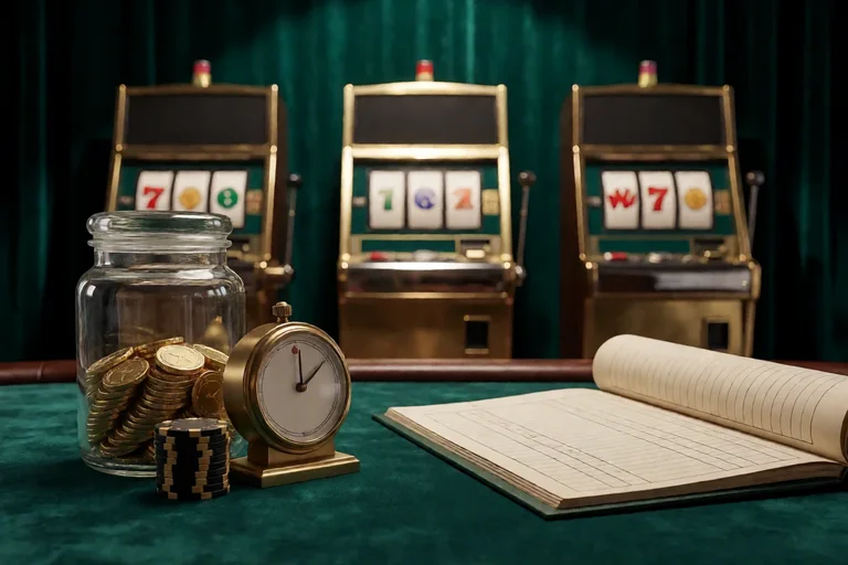 Glass jar of gold tokens beside a brass pendulum timer and a stack of chips, with an open ledger and three blurred slot cabinets behind on a green velvet table
