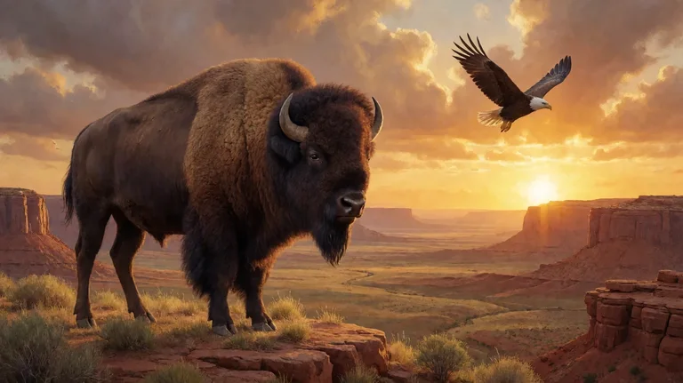An American bison standing on a red-rock mesa at sunset above a wide prairie canyon, with an eagle flying overhead