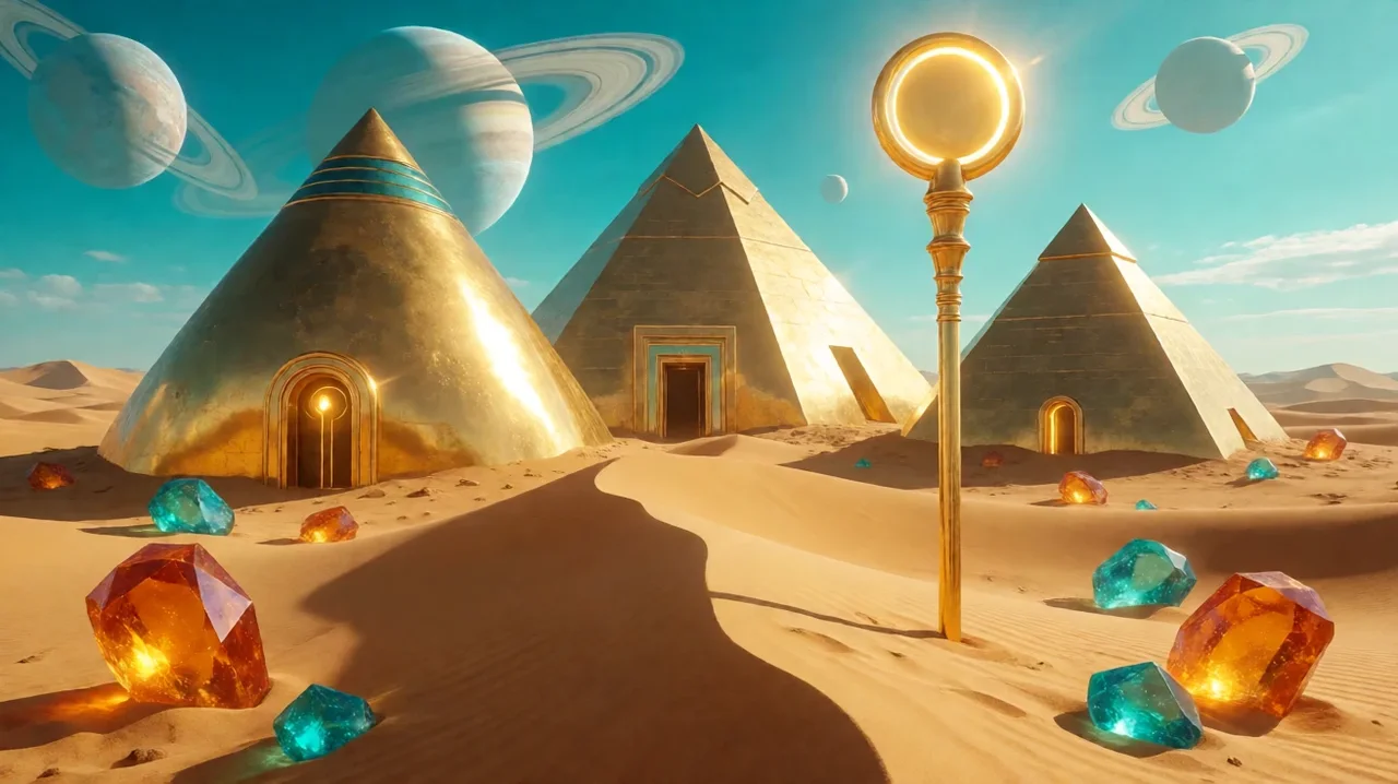 Smooth golden pyramids in a sunlit desert under a teal sky with ringed planets, a tall golden staff topped by a glowing sun disc and amber and turquoise gemstones on the sand