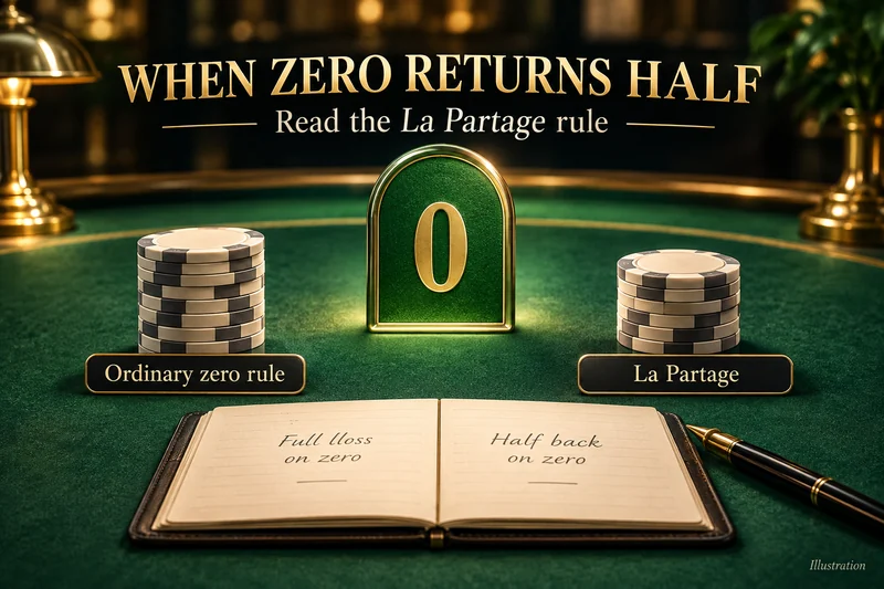 A green zero plaque beside two roulette settlement notes: full loss and half back.