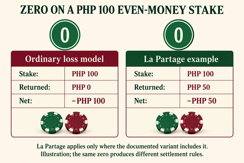 A PHP 100 zero outcome returns nothing in the ordinary model or PHP 50 in the La Partage example, giving net losses of PHP 100 and PHP 50.